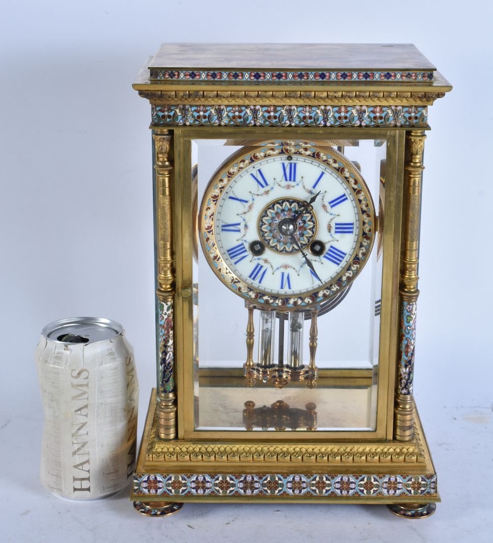 AN ANTIQUE FRENCH BRONZE AND CHAMPLEVE ENAMEL CLOCK. 30 cm x 18 cm. (1 of 3)