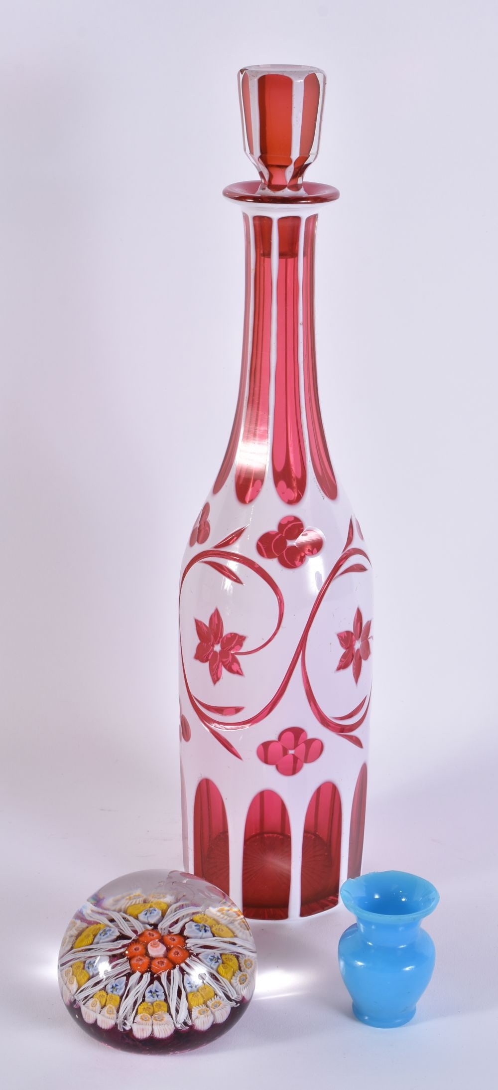 A BOHEMIAN GLASS DECANTER etc. Largest 34 cm high. (3): A BOHEMIAN GLASS DECANTER etc. Largest 34 cm high. (3)