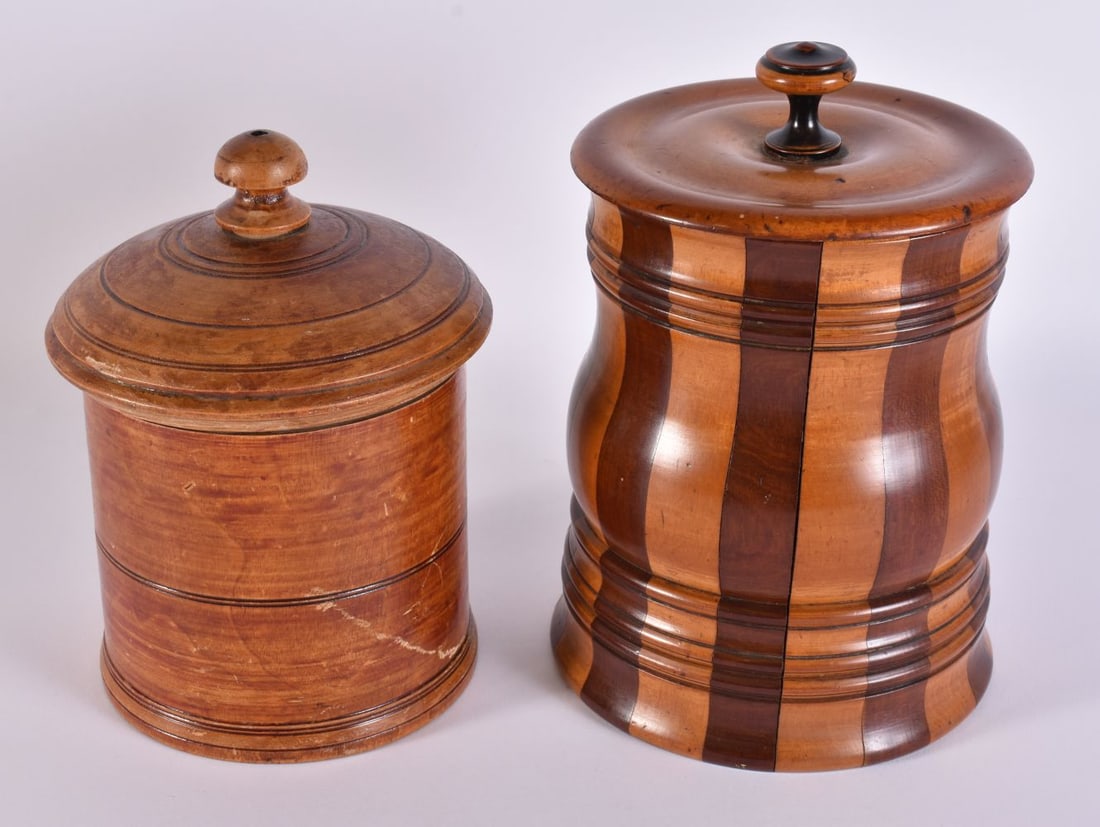 TWO ANTIQUE TREEN CARVED WOOD BOXES AND COVERS. Largest 20 cm x 10 cm. (2) (1 of 3)