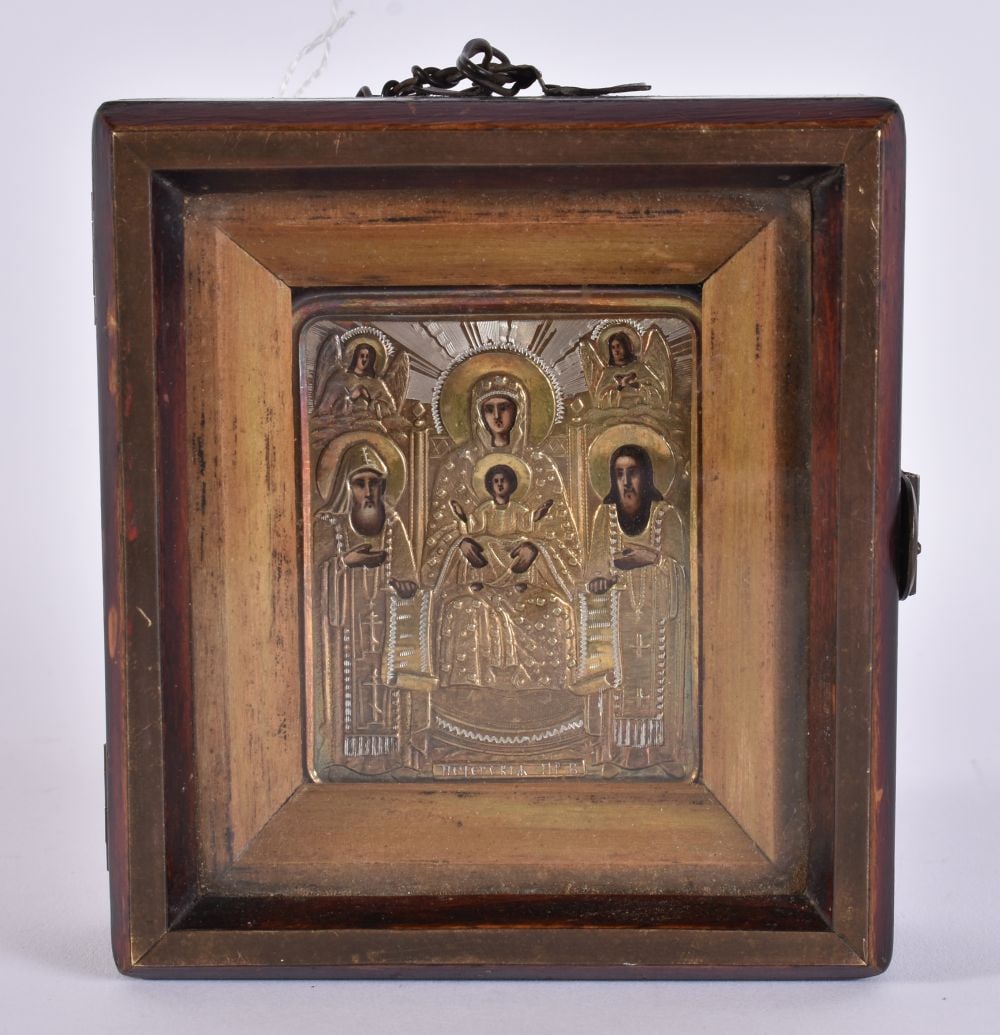 Russian Orthodox Travel Icon Enclosed In Wooden Case Gold/Silver Plated. 9 cm square. (1 of 2)