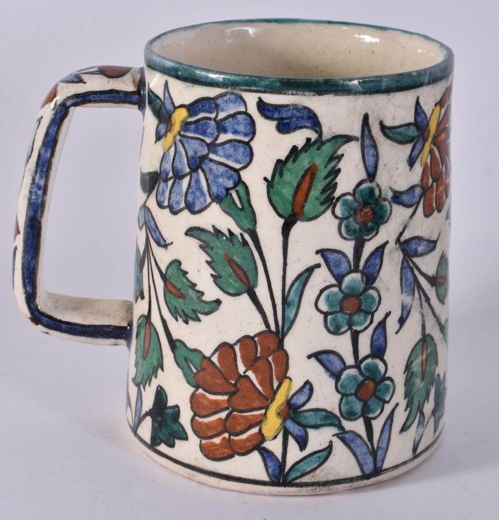 A JERUSALEM FAIENCE POTTERY MUG. 14 cm x 12 cm. (1 of 3)