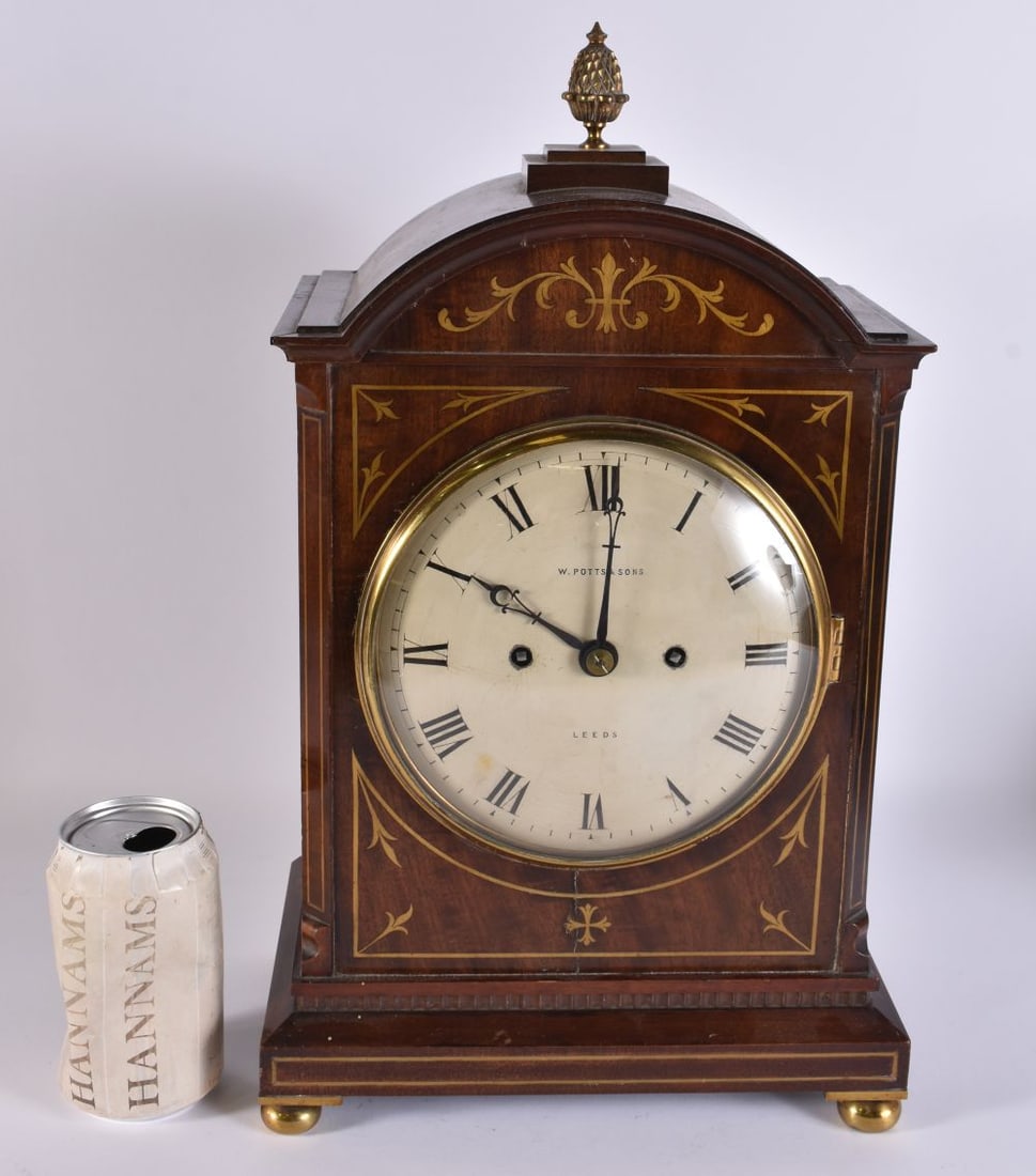 A LARGE VICTORIAN MAHOGANY BRASS INLAID MANTEL CLOCK W Potts & Sons of Leeds. 42 cmx 28 cm. (1 of 2)