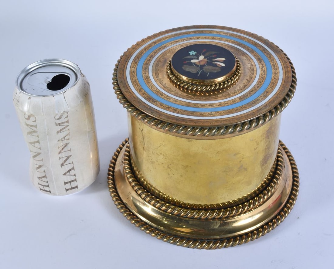 A LOVELY LARGE VICTORIAN PIETRA DURA INLAID ENAMELLED DRESSING TABLE BOX containing four scent bottl: A LOVELY LARGE VICTORIAN PIETRA DURA INLAID ENAMELLED DRESSING TABLE BOX containing four scent bottles. 15 cm x 13 cm.