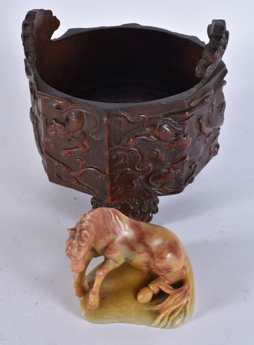 A CHINESE TWIN HANDLED BAMBOO CENSER together with a soapstone horse. Largest 11 cm wide. (2) (1 of 3)