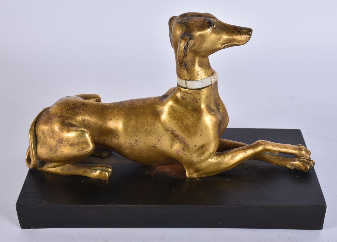 A 19TH CENTURY ENGLISH COUNTRY HOUSE GILT BRONZE GREYHOUND. 16 cm wide. (1 of 4)