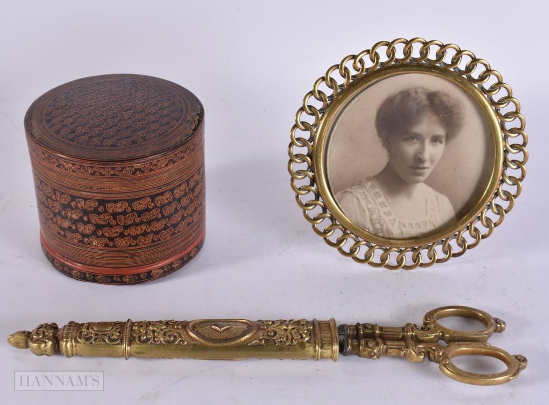 AN ANTIQUE PAIR OF BRASS CASED SCISSORS etc. (3) (1 of 2)