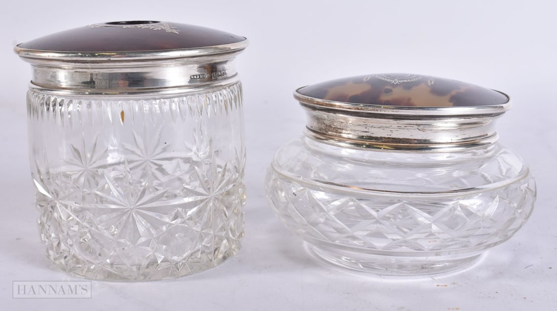 TWO ANTIQUE SILVER MOUNTED TORTOISESHELL JAR. Birmingham 1923 and London 1928. Silver Lids 59 grams (1 of 6)