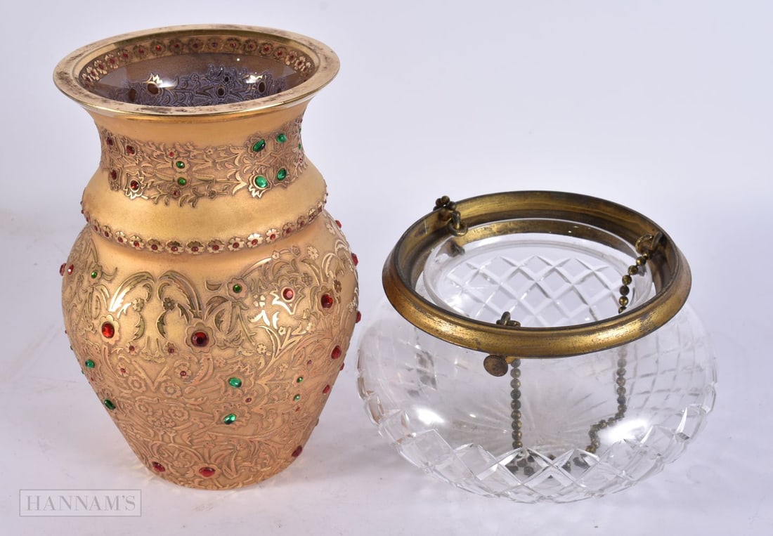 A CONTINENTAL GEM SET GLASS VASE and a shade. Largest 20 cm high. (2): A CONTINENTAL GEM SET GLASS VASE and a shade. Largest 20 cm high. (2)