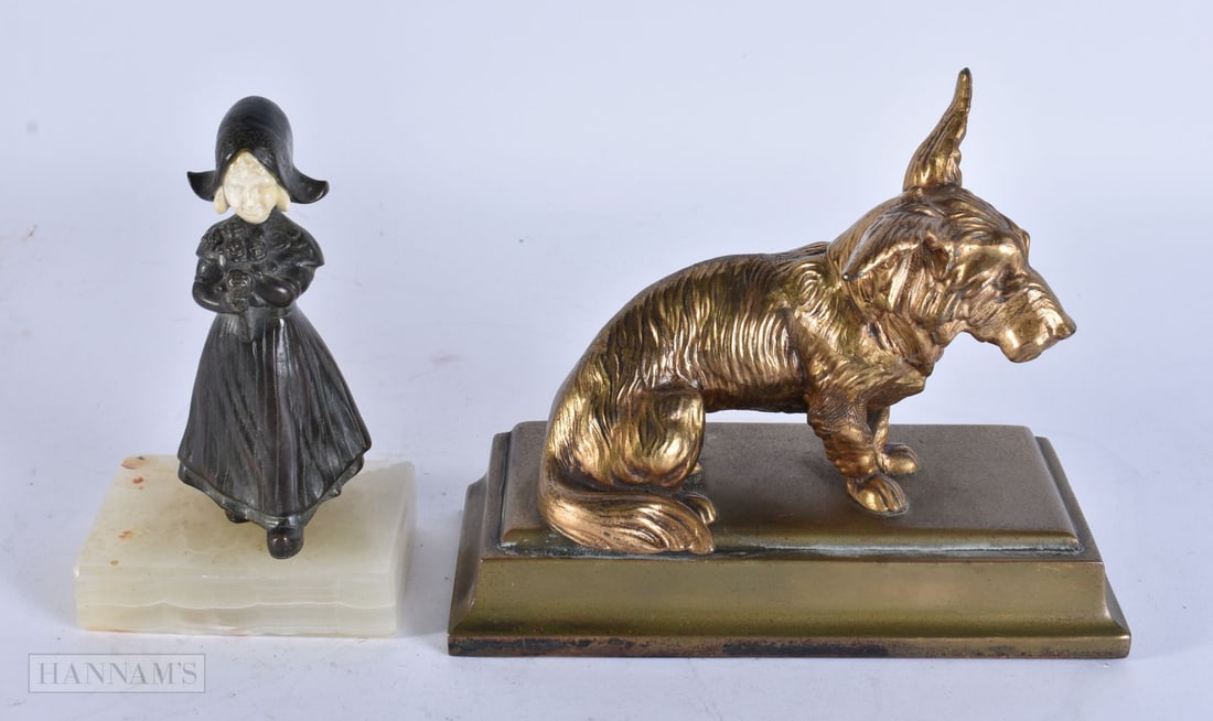 AN ANTIQUE BRONZE FIGURE and a bronze dog. Largest 15 cm wide. (2) (1 of 3)