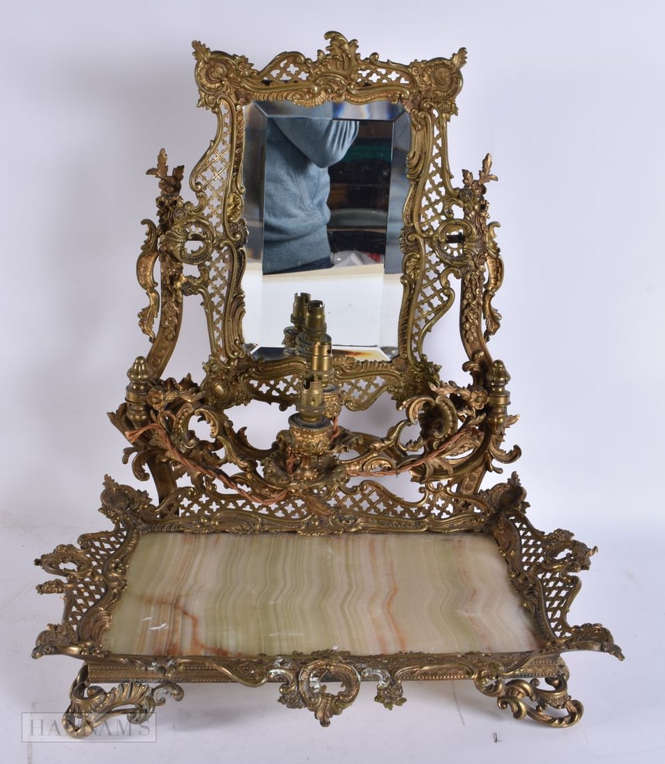 AN ANTIQUE FRENCH AND ONYX DRESSING TABLE STAND. 45 cm x 40 cm. (1 of 4)
