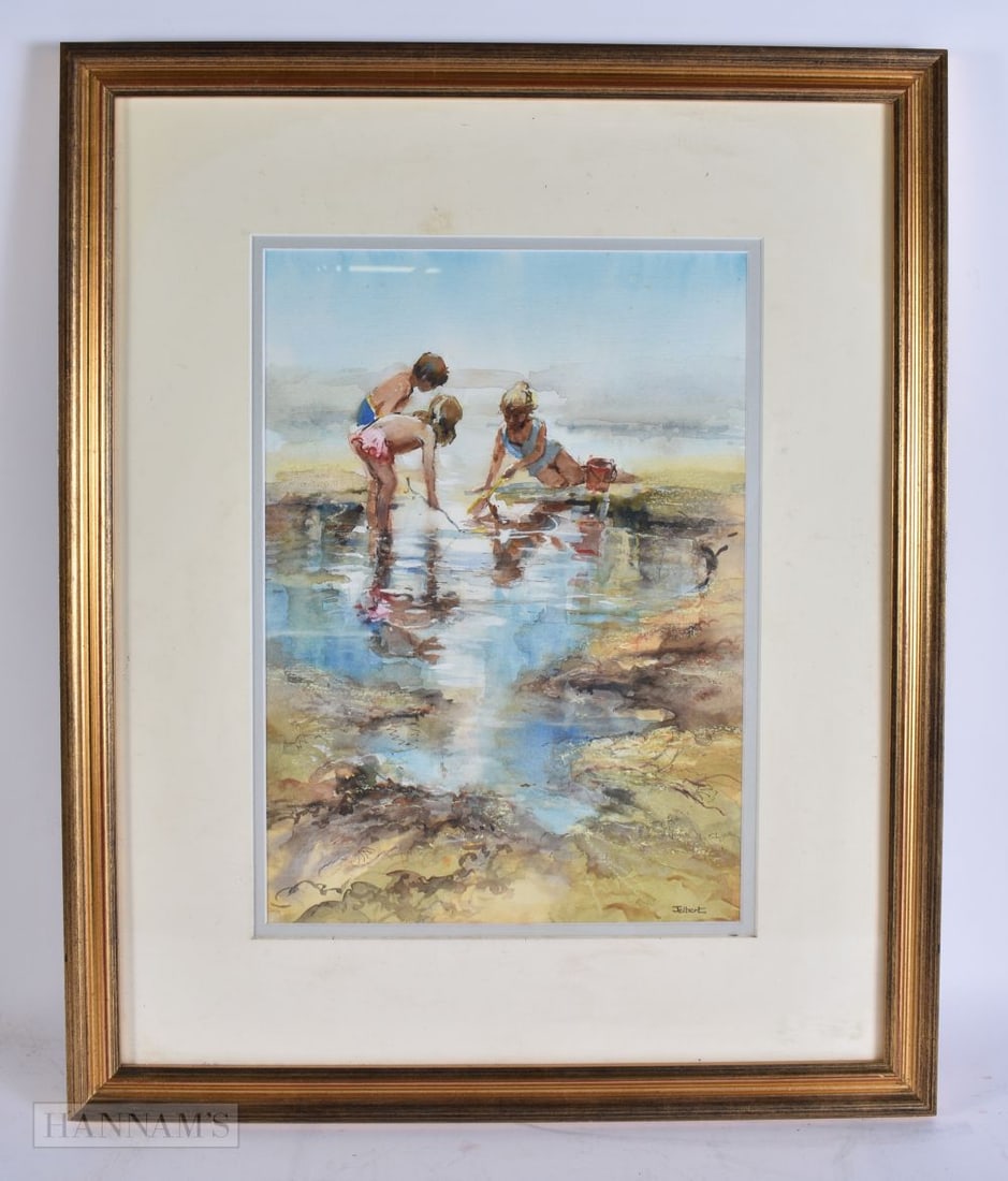 Wendy Jelbert (20th Century) English, Watercolour, Figures by the beach. 52 cm x 42 cm, image 24 cm (1 of 4)
