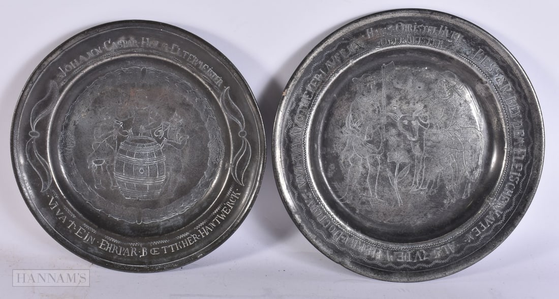 TWO EARLY PEWTER WRIGGLEWORK PLATES. 22 cm wide. (2) (1 of 5)