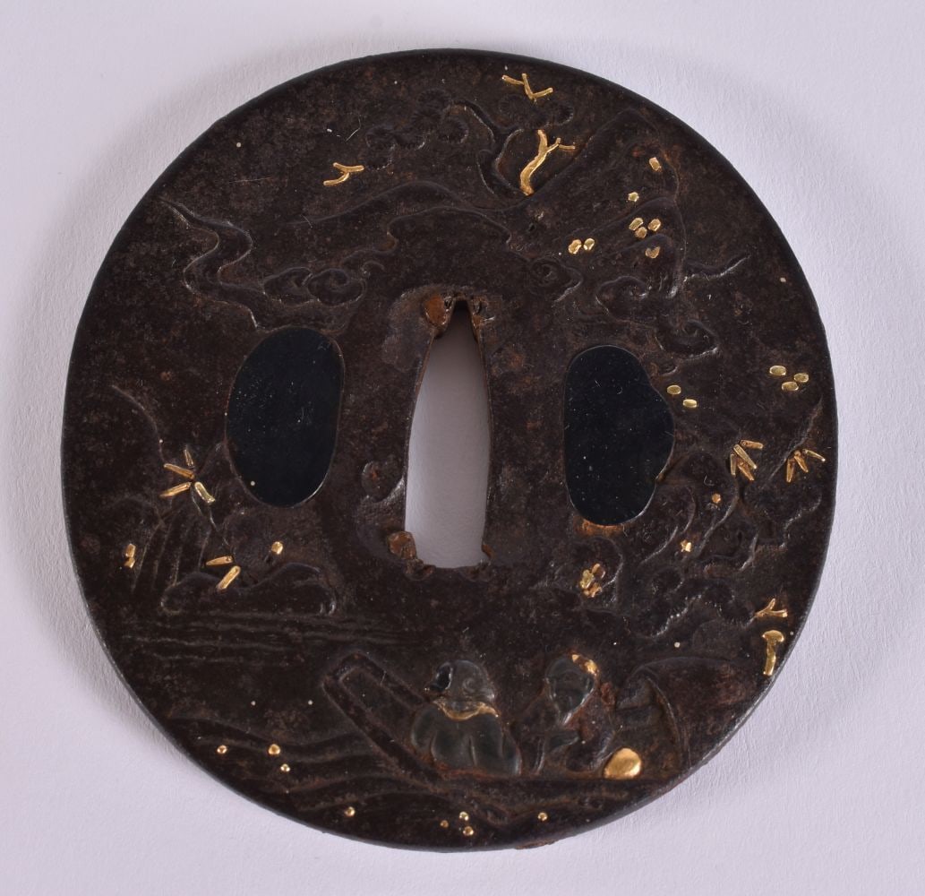 A 19TH CENTURY JAPANESE MEIJI PERIOD IRON GOLD ONLAID TSUBA decorated with figures on a boat. 8.5 cm (1 of 5)