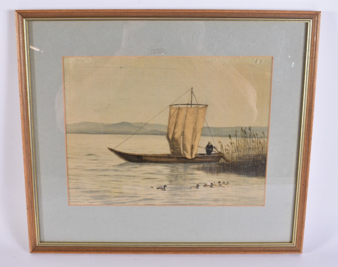AN EARLY 20TH CENTURY JAPANESE PAINTED SILK RIVER PANEL. 40 cm x 32 cm, silk 28 cm x 22 cm. (1 of 6)