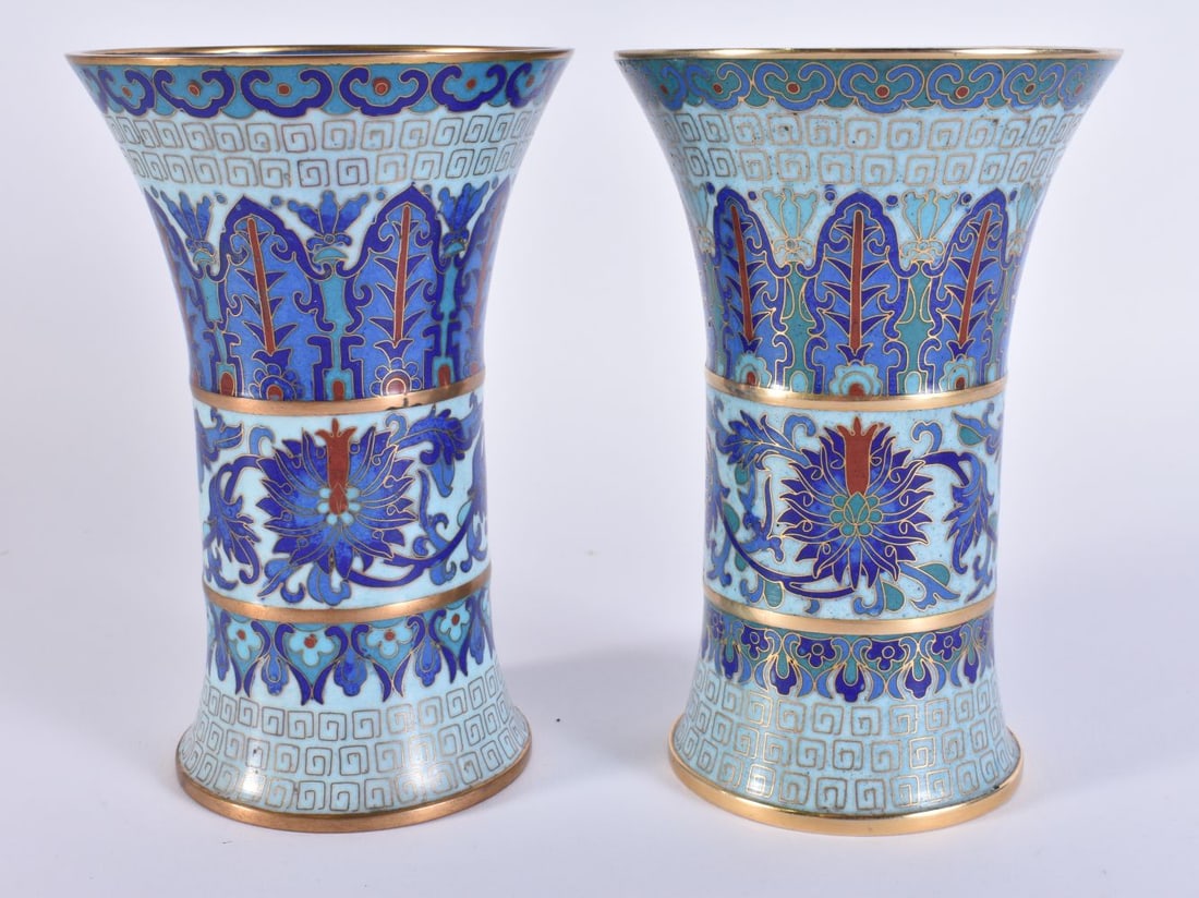 A PAIR OF CHINESE CLOISONNE ENAMEL GU FORM BEAKER VASES. 15.5 cm high. (1 of 6)