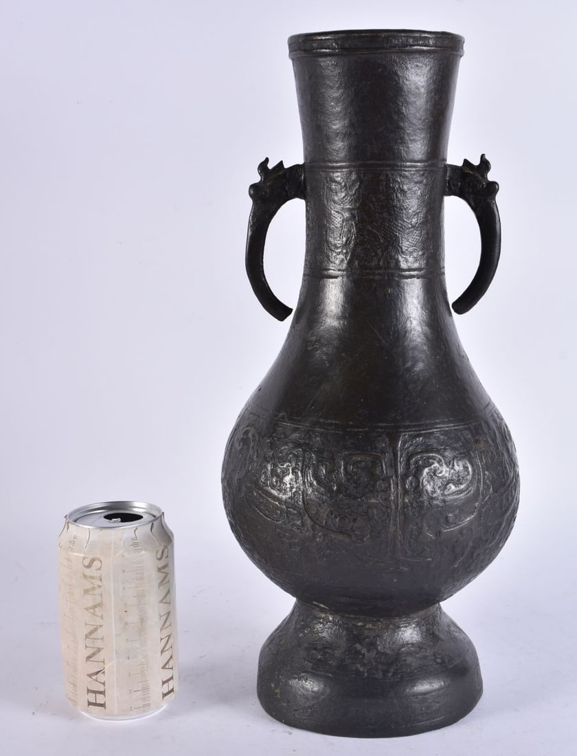 A LARGE 14TH/15TH CENTURY CHINESE TWIN HANDLED BRONZE VASE Yuan/Early Ming, decorated with taotie ma (1 of 11)