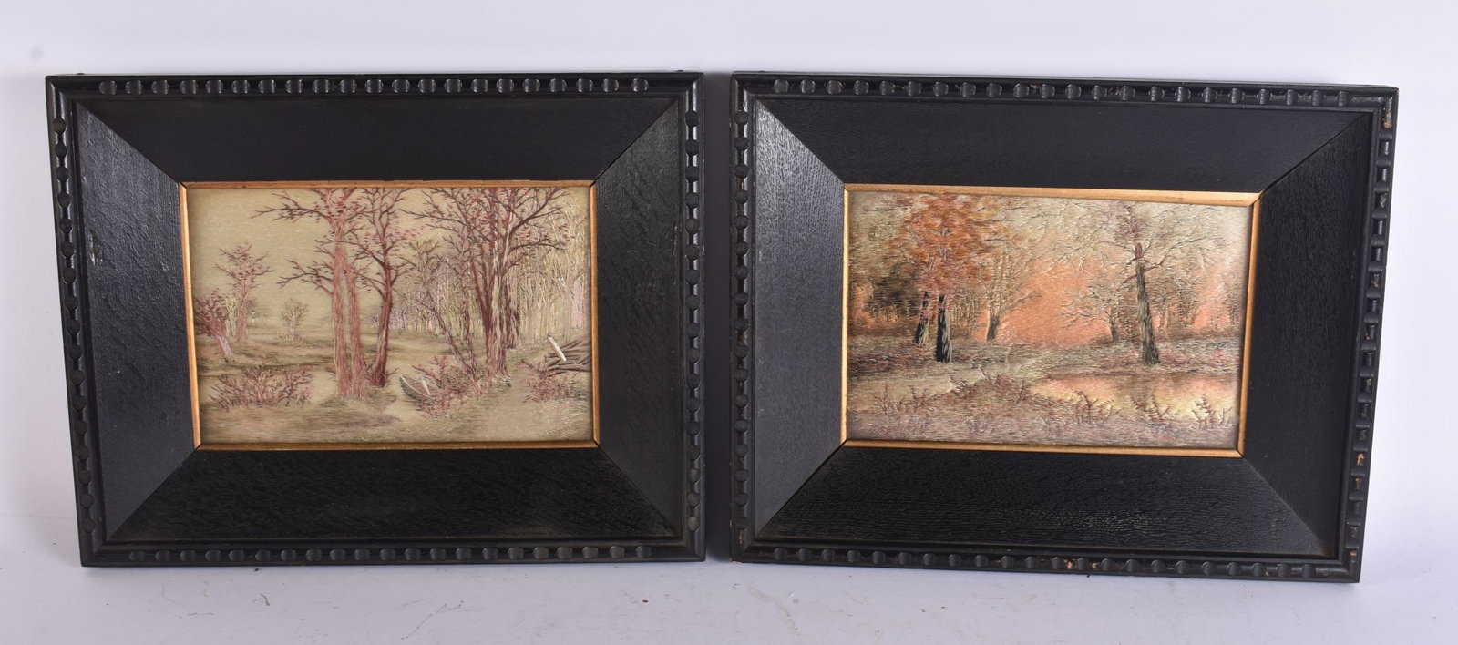A PAIR OF 19TH CENTURY JAPANESE MEIJI PERIOD EMBROIDERED LANDSCAPE PANELS. 36 cm x 26 cm, image 21 c (1 of 3)