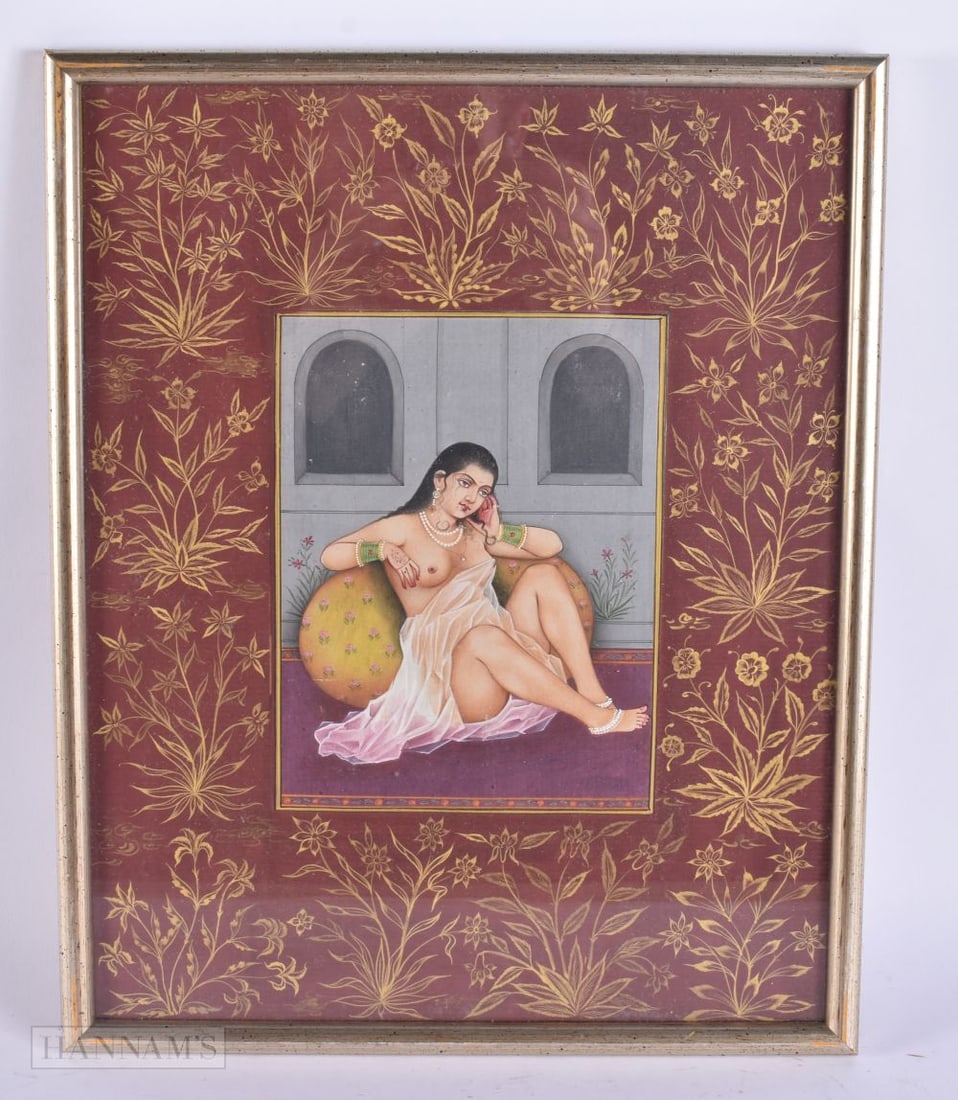 AN EARLY 20TH CENTURY INDIAN EASTERN EROTIC WATERCOLOUR PAINTING within a banding of foliage and vin (1 of 6)
