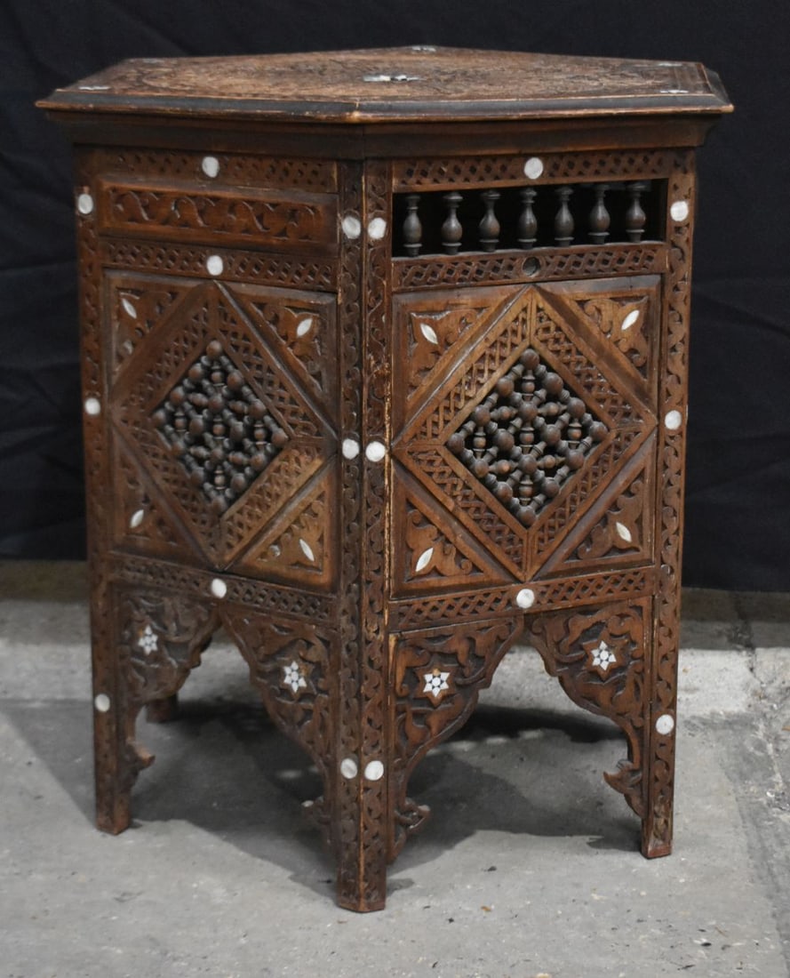 An early 20th Century Middle Eastern carved wood mother of pearl inlaid 6 sided table 64 x 63cm (1 of 12)