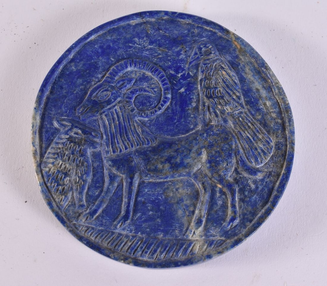 A 19TH CENTURY MIDDLE EASTERN GRAND TOUR LAPIS LAZULI PLAQUE. 9 cm wide. (1 of 4)