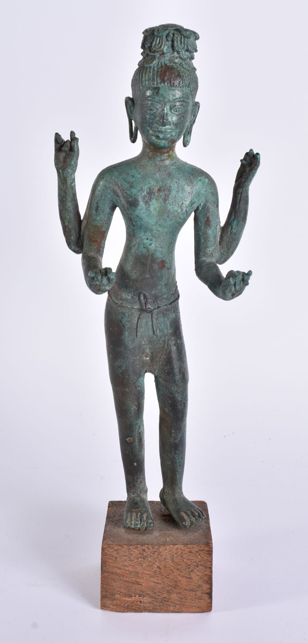 A 19TH CENTURY SOUTH EAST ASIAN BRONZE MULTI ARMED DEITY. 27 cm high, bronze 23.5 cm high. (1 of 5)