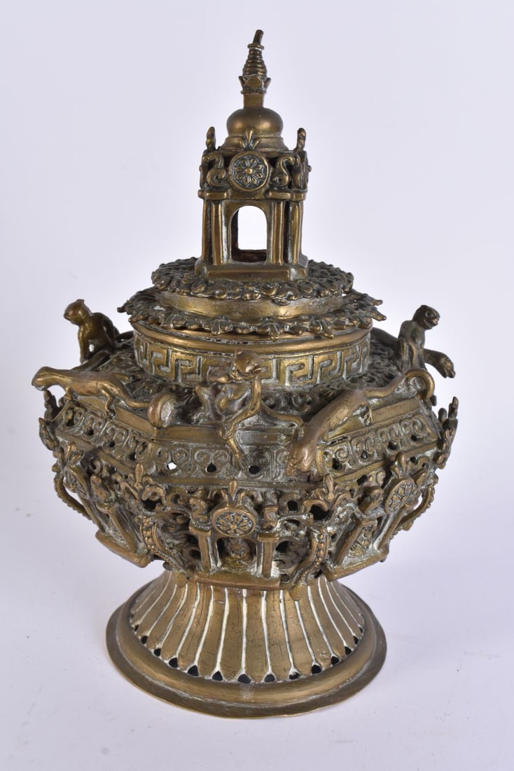 AN UNUSUAL 19TH CENTURY INDIAN TIBETAN BRONZE CENSER AND COVER decorated with deities and animals. 2 (1 of 11)