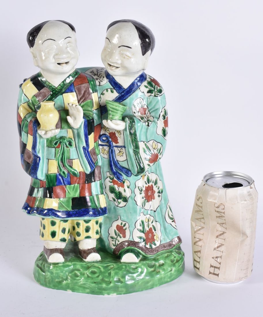 A LARGE 19TH CENTURY CHINESE FAMILLE VERTE PORCELAIN FIGURAL GROUP modelled as the Hehe Erxian twins (1 of 5)