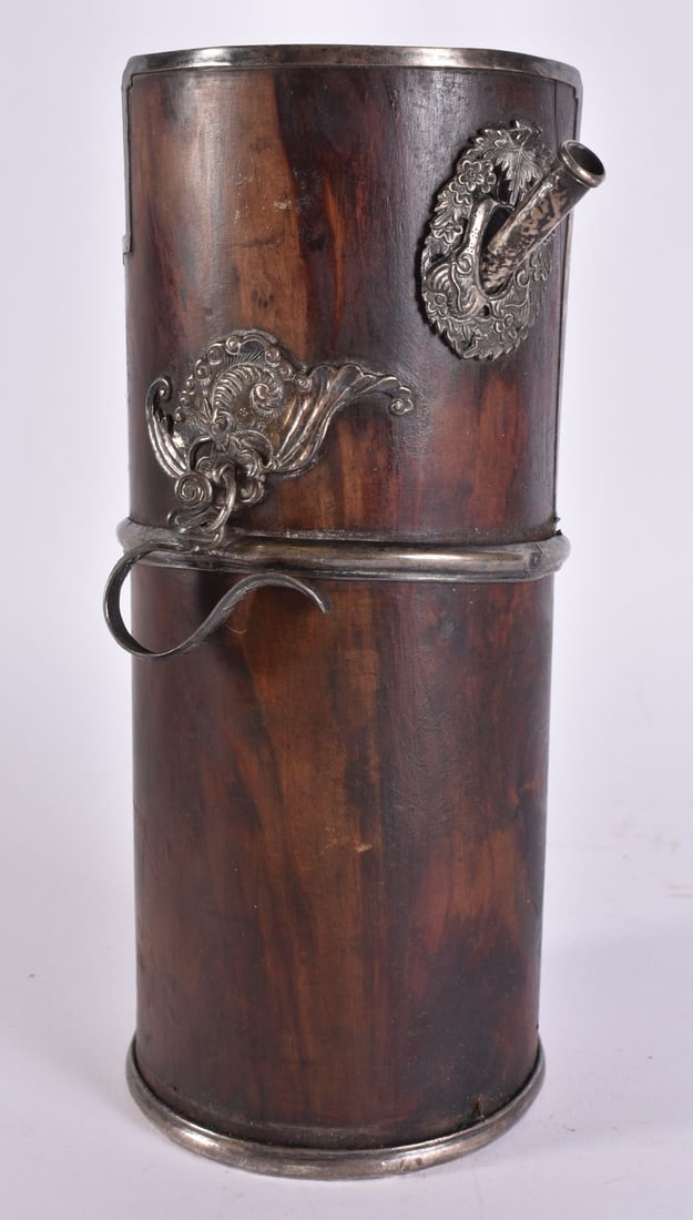 A RARE 19TH CENTURY CHINESE CARVED HUANGHUALI WOOD OPIUM PIPE with silver fittings. 22 cm high. (1 of 7)