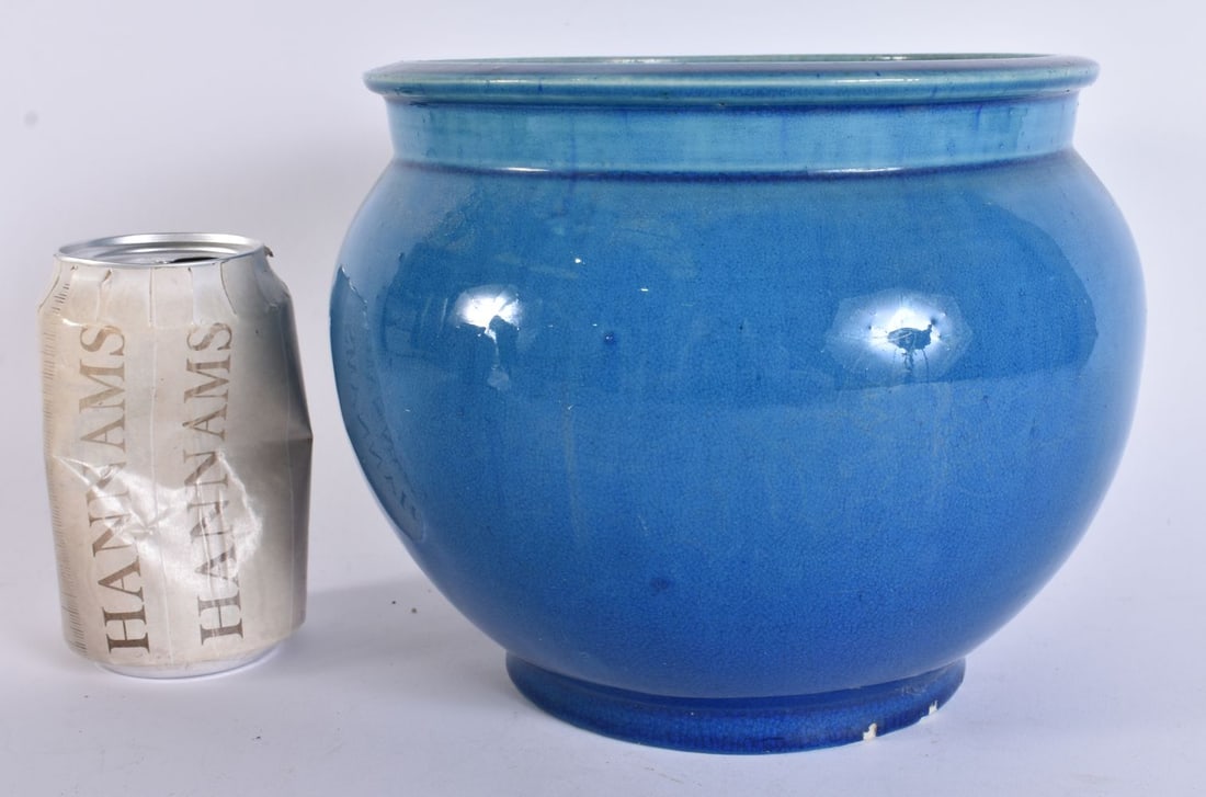 A 19TH CENTURY JAPANESE MEIJI PERIOD BLUE GLAZED POTTERY JAR. 19 cm x 17 cm.: A 19TH CENTURY JAPANESE MEIJI PERIOD BLUE GLAZED POTTERY JAR. 19 cm x 17 cm.