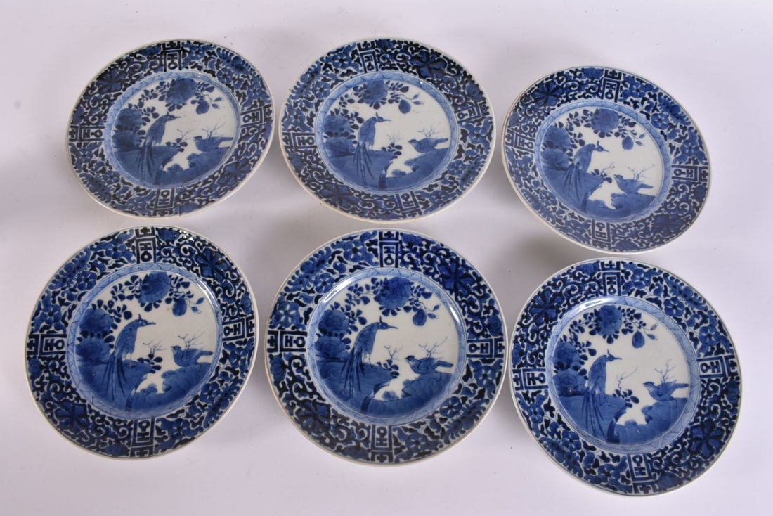 A SET OF SIX 19TH CENTURY JAPANESE MEIJI PERIOD BLUE AND WHITE PORCELAIN PLATES. 18 cm wide. (6): A SET OF SIX 19TH CENTURY JAPANESE MEIJI PERIOD BLUE AND WHITE PORCELAIN PLATES. 18 cm wide. (6)