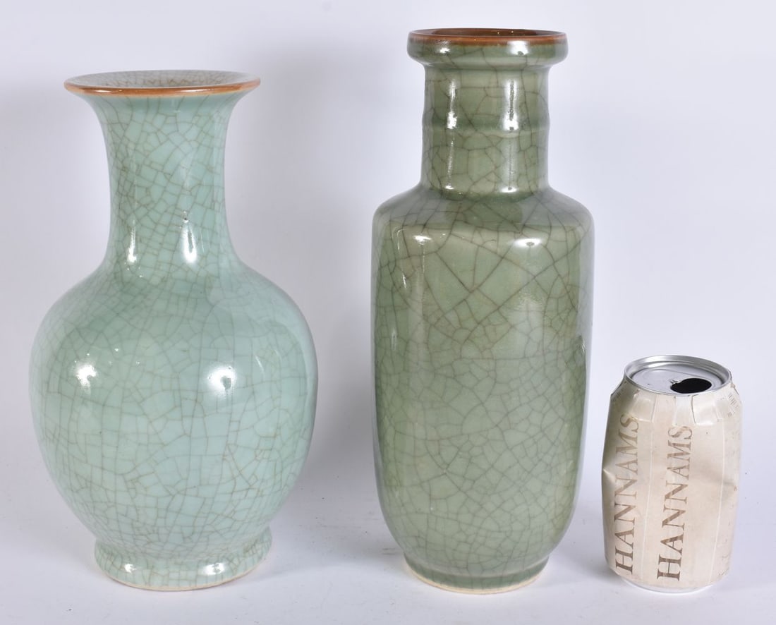 TWO CHINESE QING DYNASTY GUAN TYPE CELADON VASES. Largest 29 cm high. (2) (1 of 4)