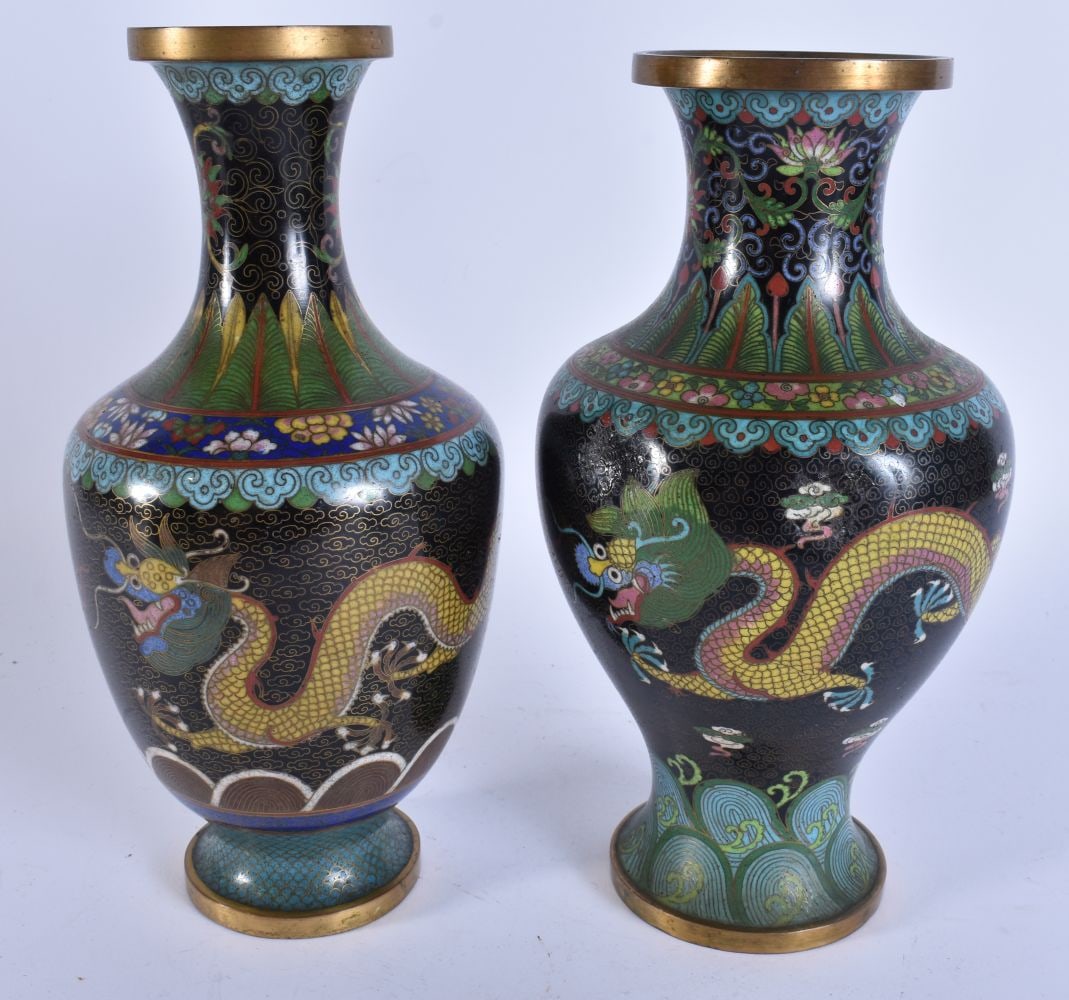 TWO LATE 19TH CENTURY CHINESE CLOISONNE ENAMEL DRAGON VASES. 24.5 cm high. (2) (1 of 5)