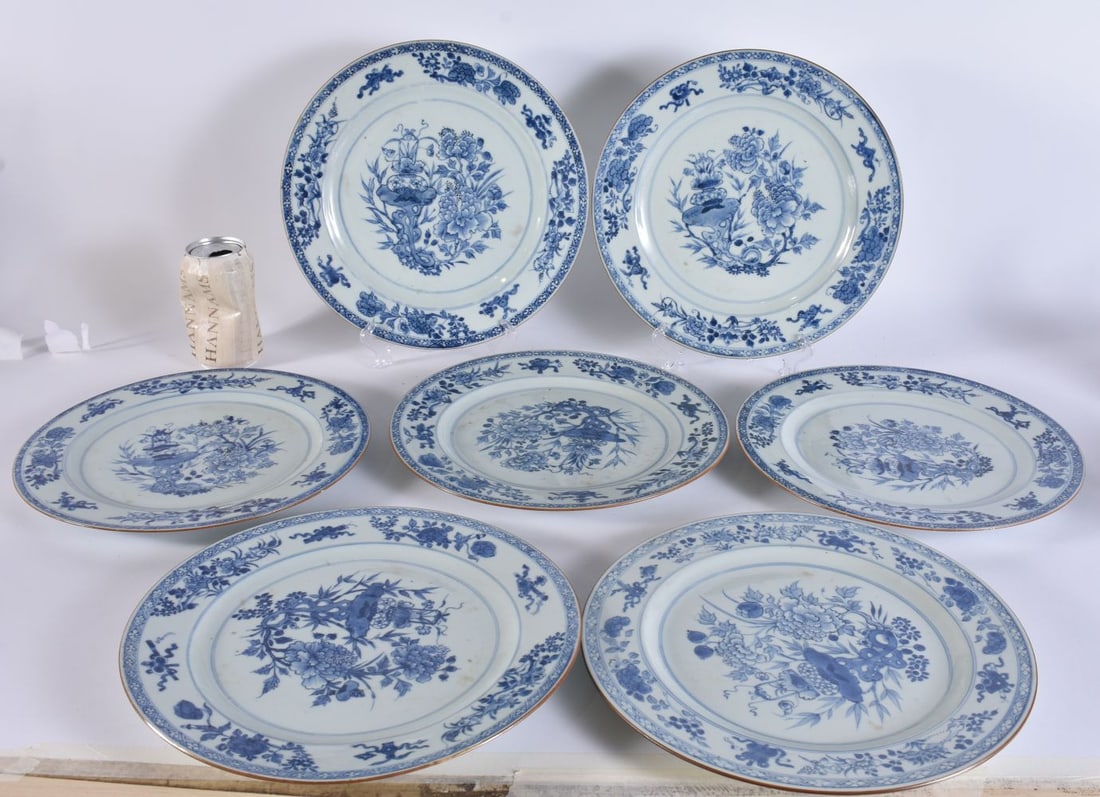 A SET OF SEVEN EARLY 18TH CENTURY CHINESE BLUE AND WHITE PORCELAIN PLATES Yongzheng/Qianlong. 27 cm (1 of 9)