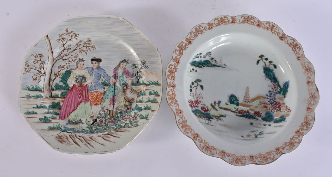 AN 18TH CENTURY CHINESE EXPORT FAMILLE ROSE SCALLOPED BOWL Qianlong, together with an unusual figura: AN 18TH CENTURY CHINESE EXPORT FAMILLE ROSE SCALLOPED BOWL Qianlong, together with an unusual figural plate. Largest 22 cm wide. (2)