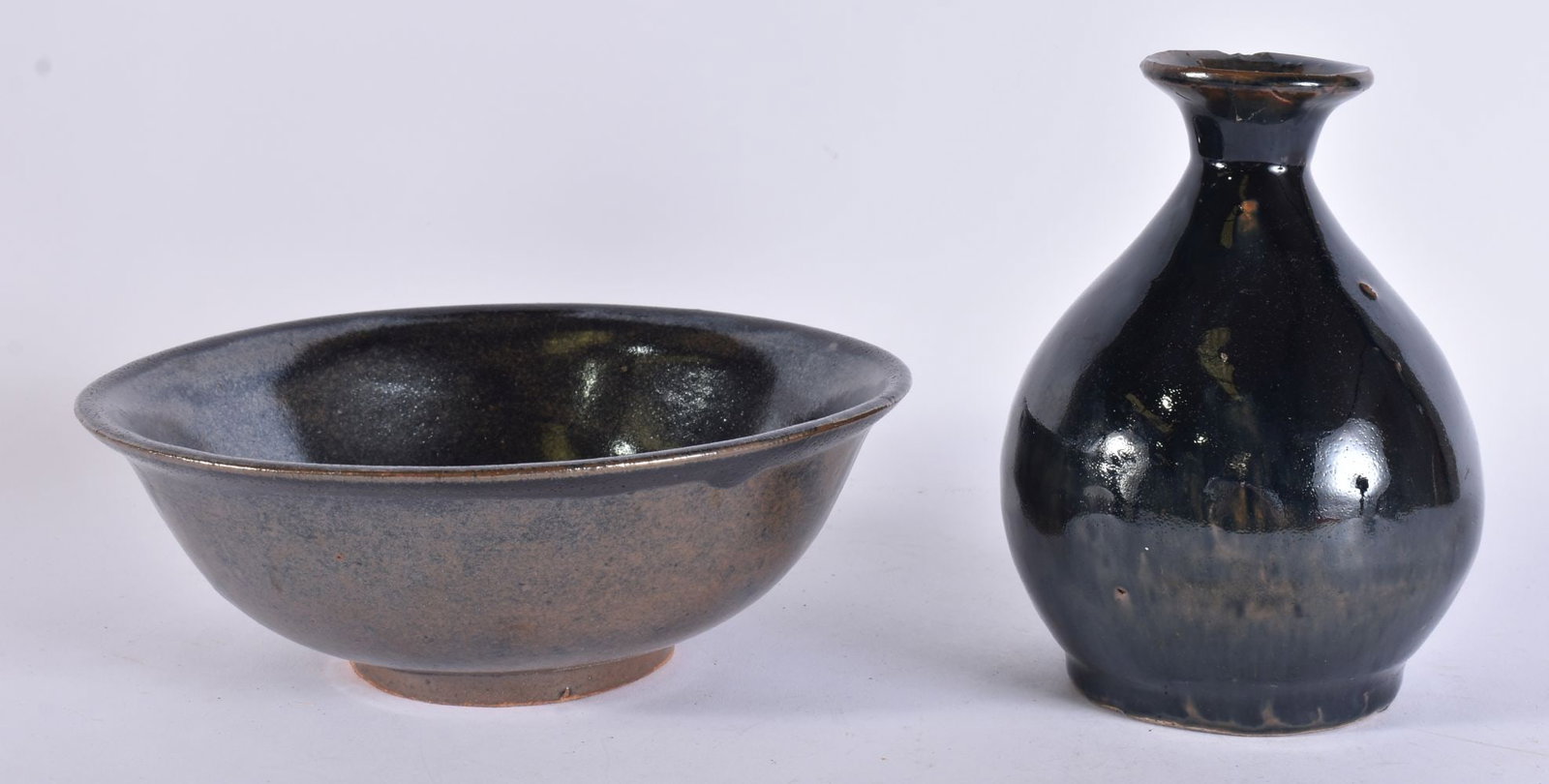 A 19TH CENTURY CHINESE BROWN GLAZED POTTERY VASE together with a similar bowl. Largest 20 cm wide. (: A 19TH CENTURY CHINESE BROWN GLAZED POTTERY VASE together with a similar bowl. Largest 20 cm wide. (2)