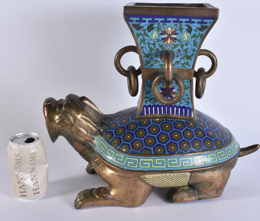 A LARGE 19TH CENTURY CHINESE CLOISONNE ENAMEL BRONZE ZUN FORM VESSEL AND COVER formed as a recumbent (1 of 7)