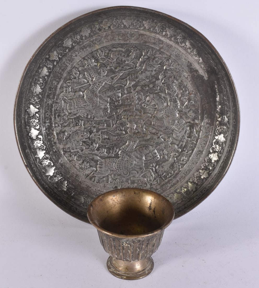 A 19TH CENTURY MIDDLE EASTERN PERSIAN TINNED COPPER DISH together with a Tibetan bronze stem cup. La (1 of 9)