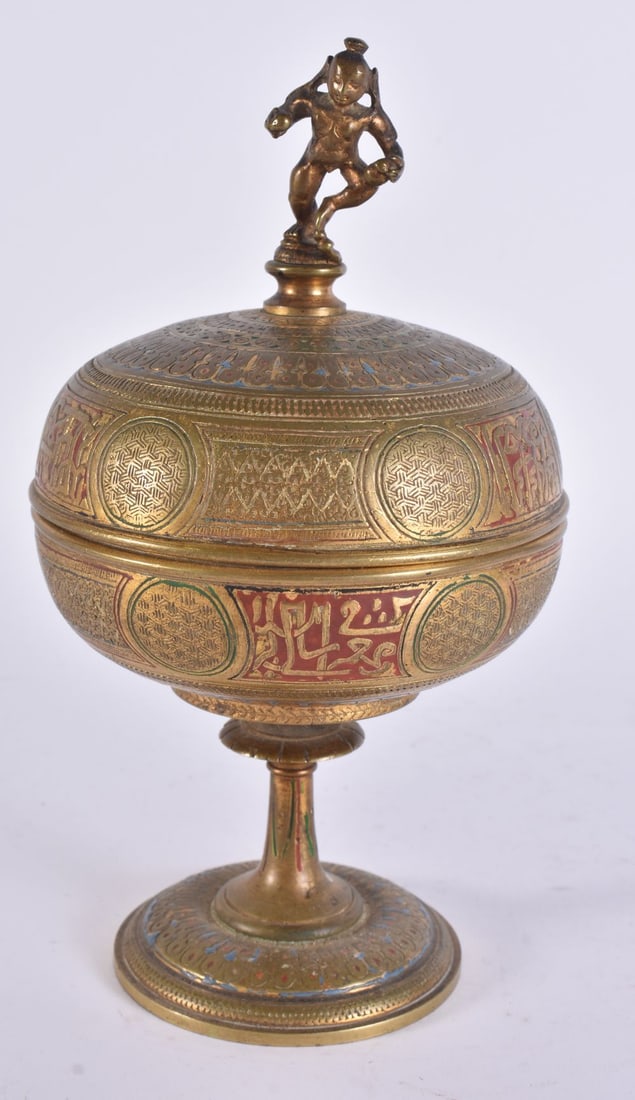 A 19TH CENTURY INDIAN ISLAMIC BRONZE ENAMELLED VESSEL AND COVER. 20 cm high. (1 of 6)