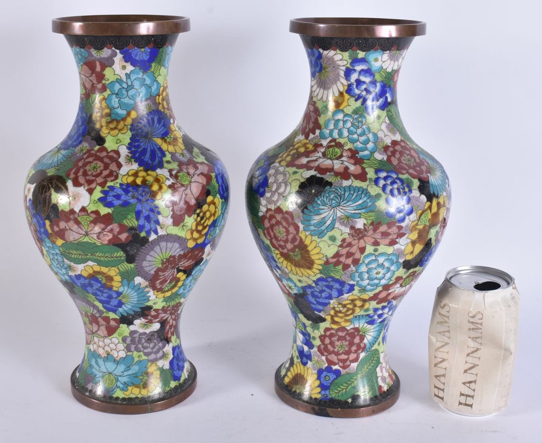 A PAIR OF CHINESE CLOISONNE ENAMEL FLORAL VASES. 32 cm high. (1 of 6)