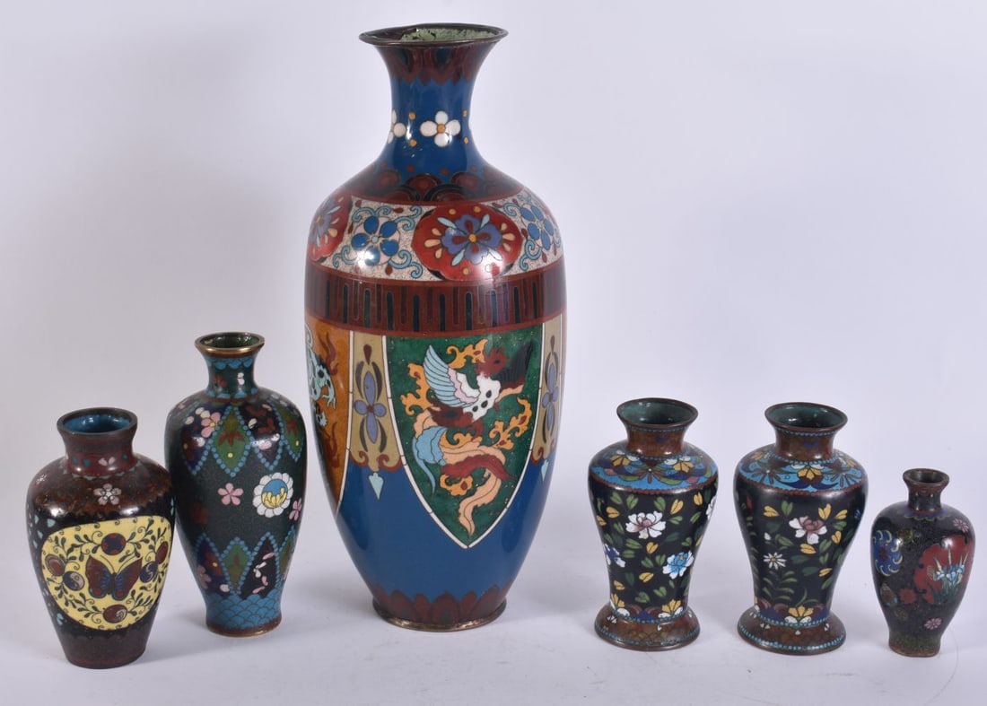 SIX JAPANESE CLOISONNE ENAMEL VASES. Largest 30 cm high. (6) (1 of 7)