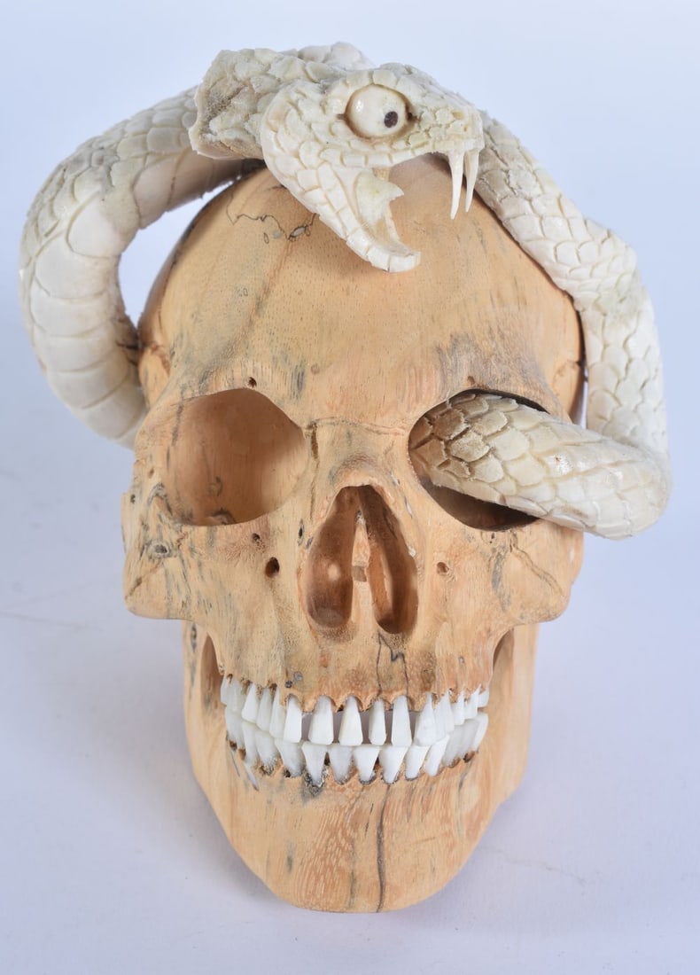 A MEMENTO MORI CARVED WOOD AND ANTLER SERPENT SKULL. 12 cm x 7.5 cm. (1 of 4)