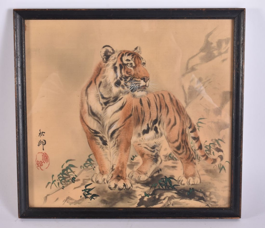 A JAPANESE SILK PAINTING OF A TIGER. 28 cm x 28 cm. (1 of 5)