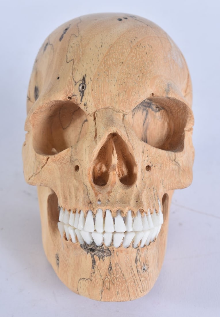 A MEMENTO MORI WOOD AND ANTLER SKULL. 8 cm x 6 cm. (1 of 4)