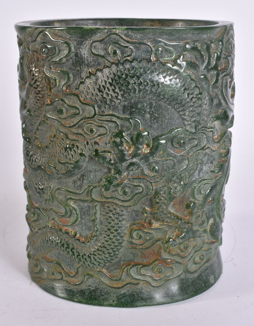 A CHINESE JADE TYPE BRUSH POT. 15 cm x 10 cm. (1 of 6)