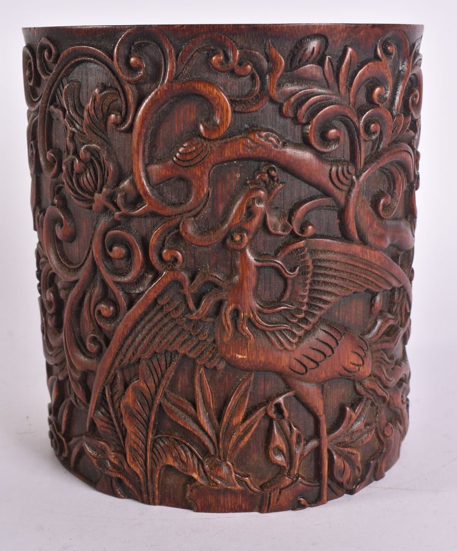 A CHINESE CARVED BAMBOO BRUSH POT. 15 cm x 10 cm. (1 of 5)
