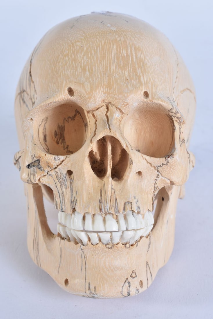 A MEMENTO MORI WOOD AND HORN SKULL. 10 cm x 9.5 cm.: A MEMENTO MORI WOOD AND HORN SKULL. 10 cm x 9.5 cm.