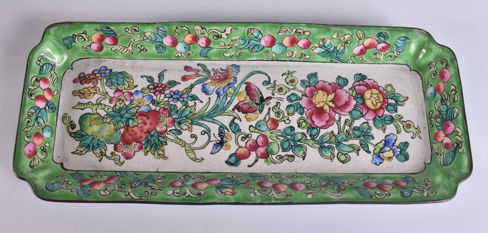 A 19TH CENTURY CHINESE CANTON ENAMEL RECTANGULAR TRAY Late Qing. 22.5 cm wide. (1 of 4)