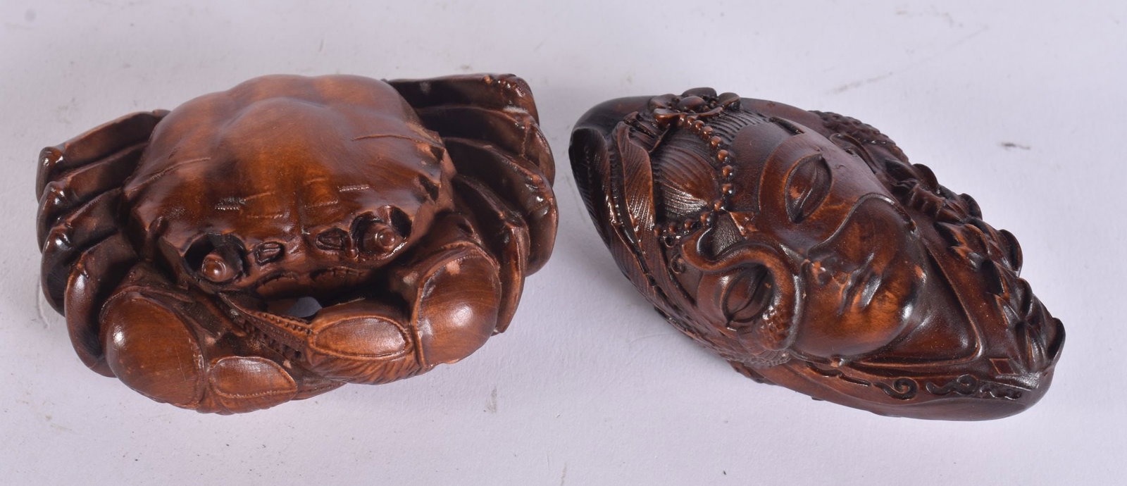 TWO JAPANESE WOOD CARVINGS. 8 cm wide. (2) (1 of 4)