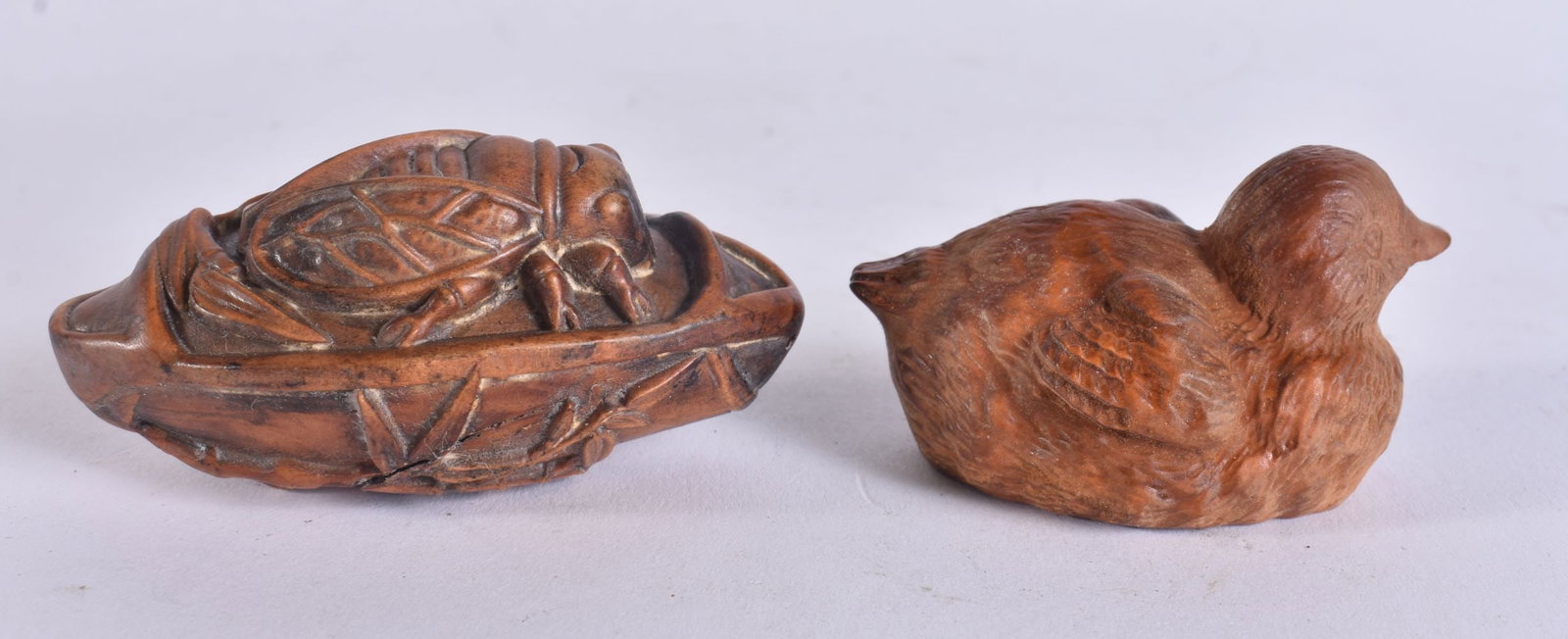 TWO JAPANESE WOOD CARVINGS and an inro. (3) (1 of 4)