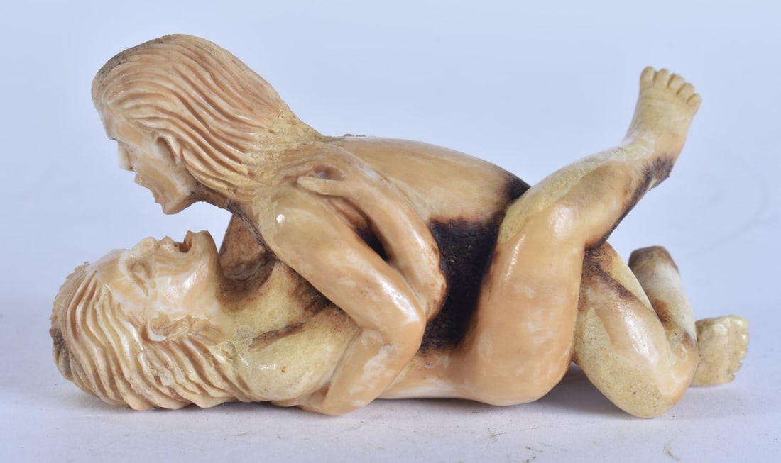 A CHINESE EROTIC 'BROKEBACK' CARVING modelled as Long John Dong & a versatile LC trading employee 'B (1 of 4)